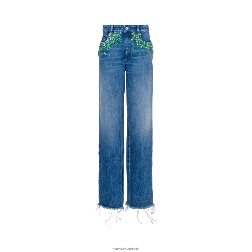 IE Miu MiuReady To Wear Embroidered Five-pocket Jeans Light Blue/Green XJN62J994