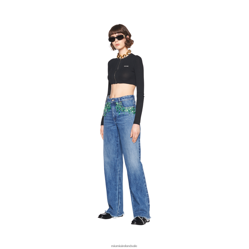 IE Miu MiuReady To Wear Embroidered Five-pocket Jeans Light Blue/Green XJN62J994