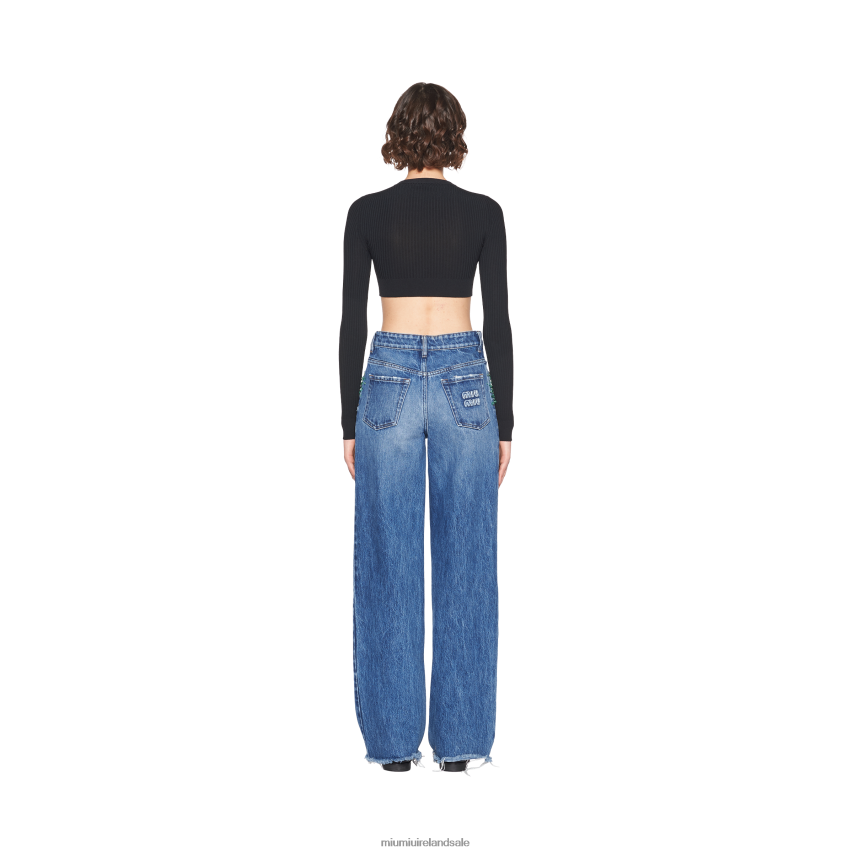 IE Miu MiuReady To Wear Embroidered Five-pocket Jeans Light Blue/Green XJN62J994