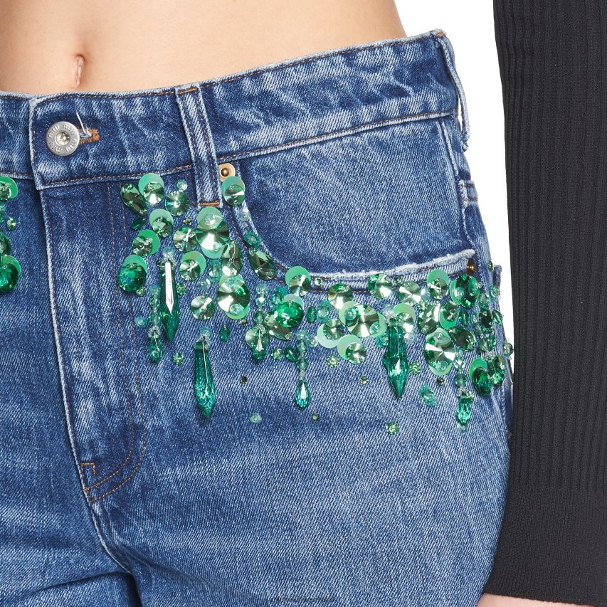 IE Miu MiuReady To Wear Embroidered Five-pocket Jeans Light Blue/Green XJN62J994