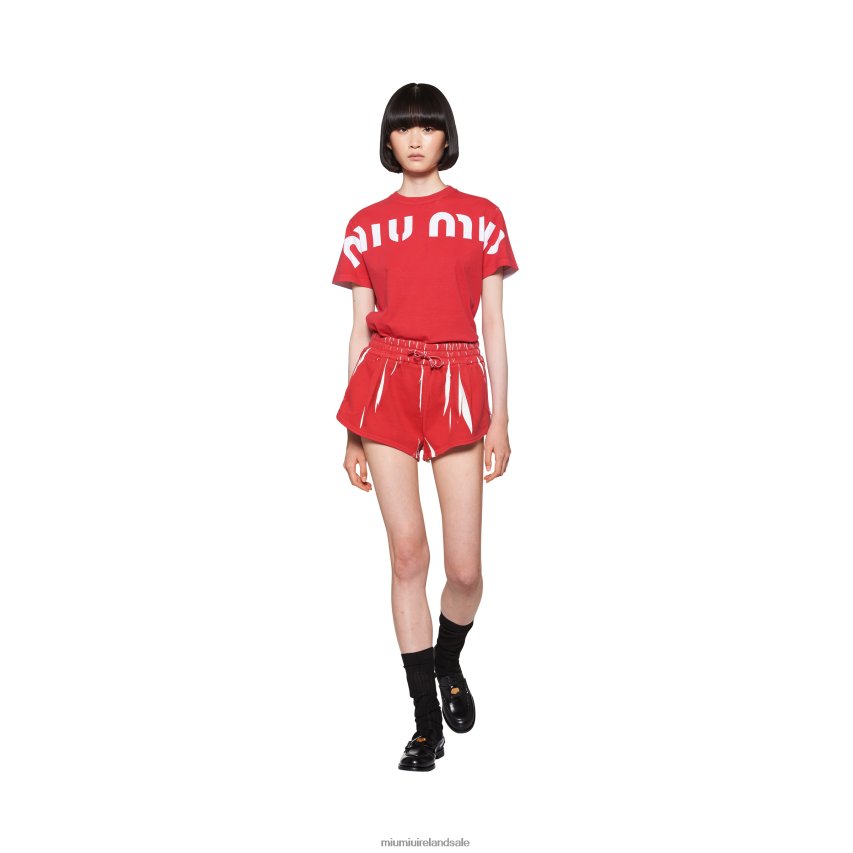 IE Miu MiuReady To Wear Printed Cotton Fleece Shorts With Logo Red XJN62J947