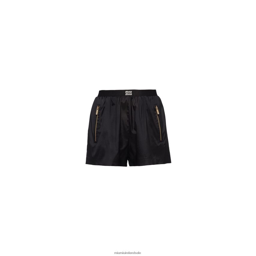 IE Miu MiuReady To Wear Technical Silk Shorts With Printed Logo Black XJN62J949