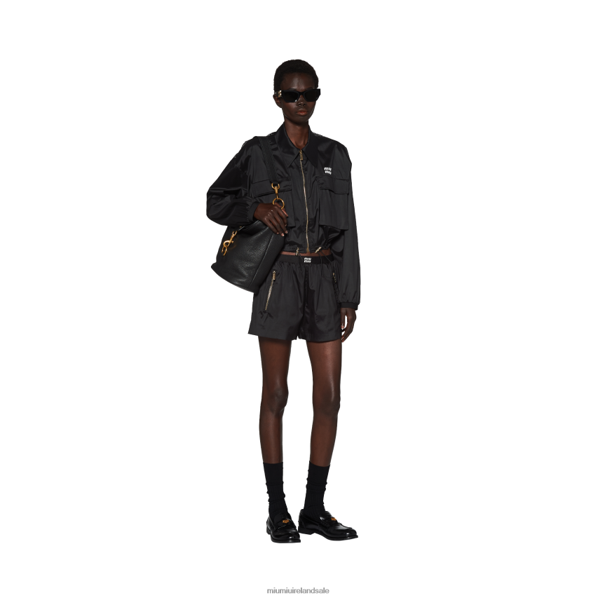 IE Miu MiuReady To Wear Technical Silk Shorts With Printed Logo Black XJN62J949