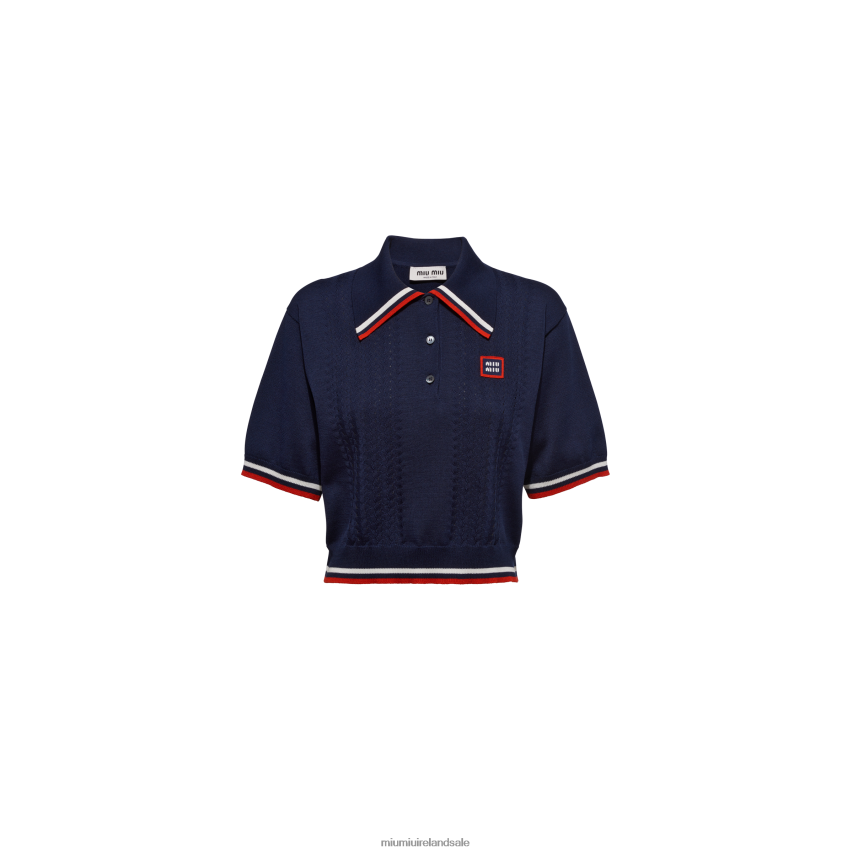 IE Miu MiuReady To Wear Cropped Silk And Cotton Polo Shirt Navy XJN62J795