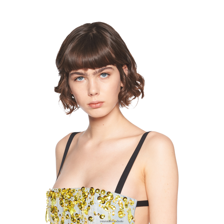 IE Miu MiuReady To Wear Embellished Denim Top Light Blue/Yellow XJN62J637