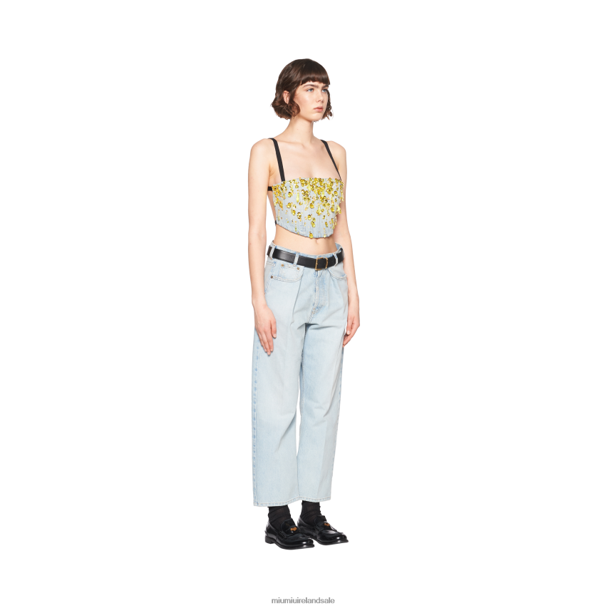 IE Miu MiuReady To Wear Embellished Denim Top Light Blue/Yellow XJN62J637