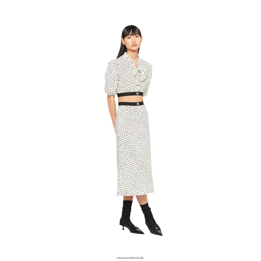 IE Miu MiuReady To Wear Heart-print Crepe De Chine Top Ivory/Black XJN62J605