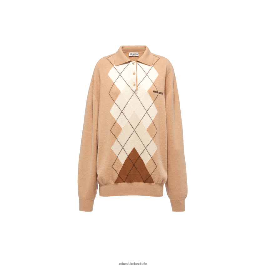 IE Miu MiuReady To Wear Intarsia Cashmere Polo Shirt Camel Brown XJN62J798