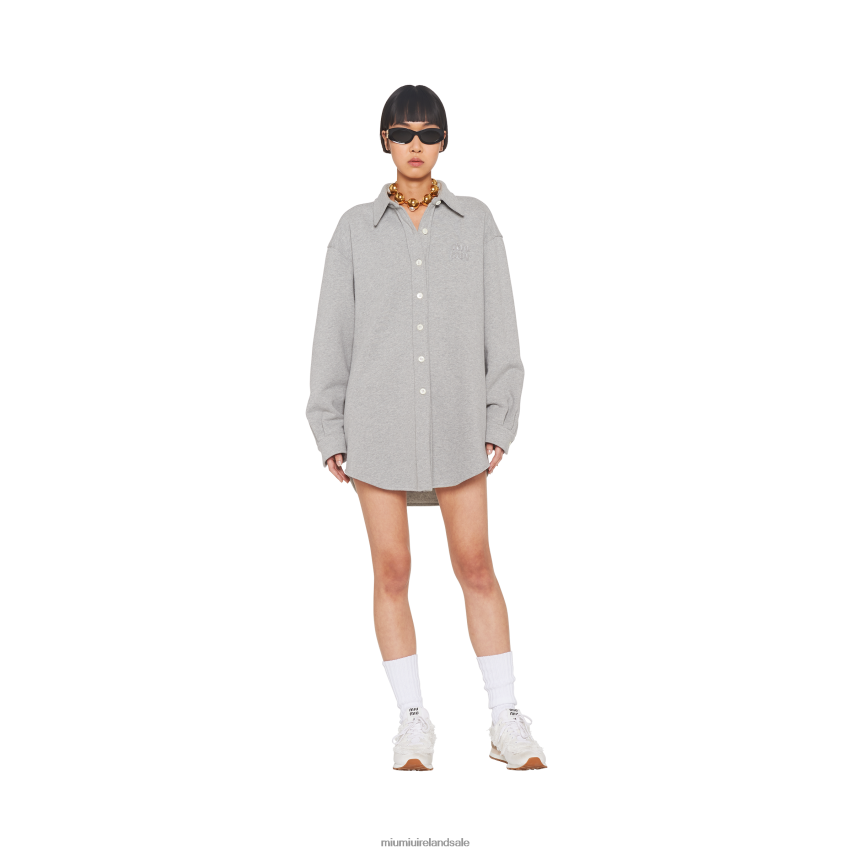 IE Miu MiuReady To Wear Oversized Cotton Shirt With Embroidered Logo Grey XJN62J651