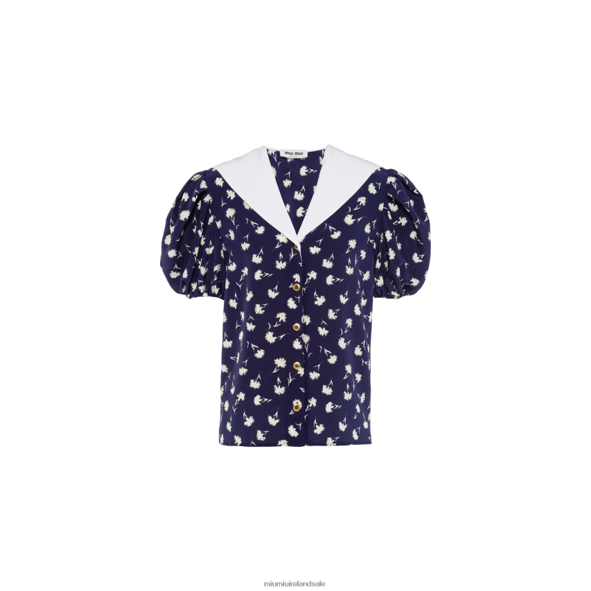 IE Miu MiuReady To Wear Short-sleeved Crepe De Chine Blouse Blue/Ivory XJN62J652