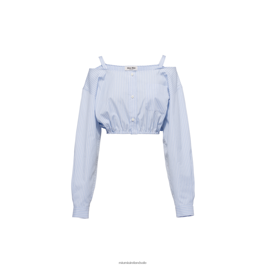 IE Miu MiuReady To Wear Striped Chambray Shirt With Logo Light Blue XJN62J611