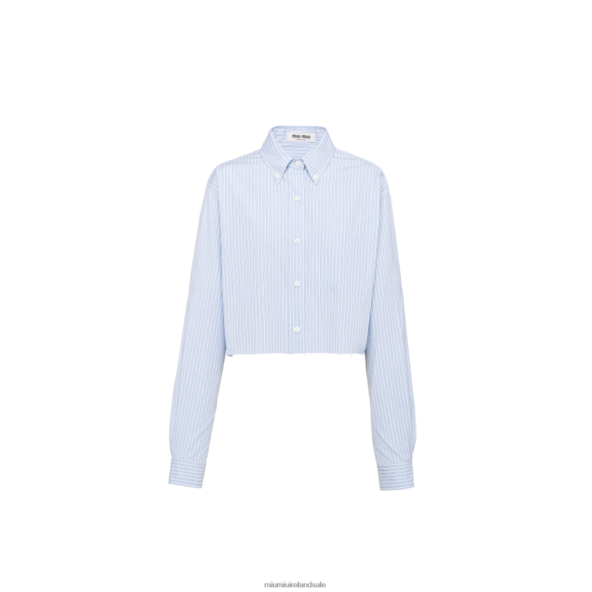 IE Miu MiuReady To Wear Striped Chambray Shirt With Logo Light Blue XJN62J612