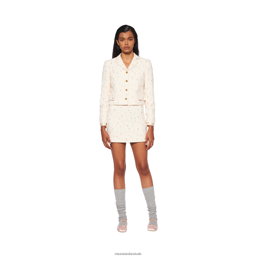 IE Miu MiuReady To Wear Embroidered Boucle Miniskirt Ivory XJN62J898