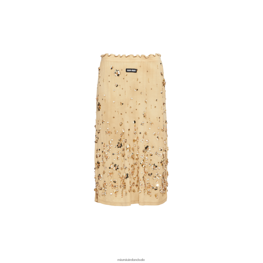IE Miu MiuReady To Wear Embroidered Garment-dyed Ribbed Knit Jersey Skirt Cord XJN62J853