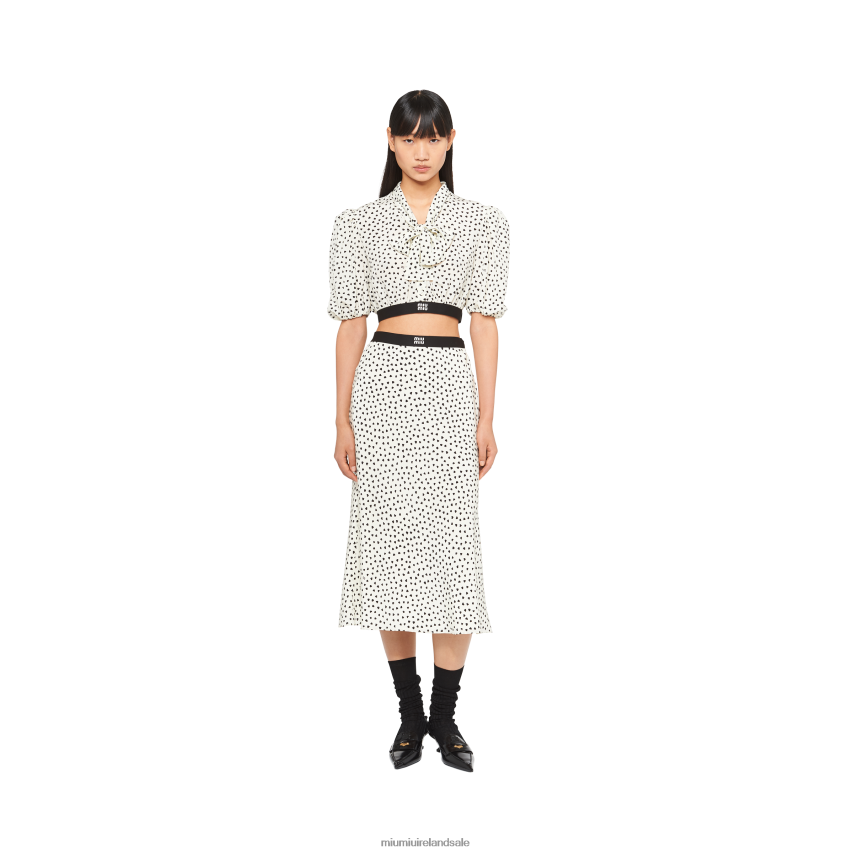 IE Miu MiuReady To Wear Heart-print Crepe De Chine Midi Skirt Ivory/Black XJN62J865