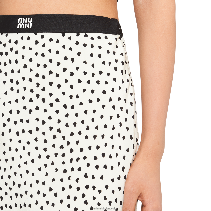 IE Miu MiuReady To Wear Heart-print Crepe De Chine Midi Skirt Ivory/Black XJN62J865