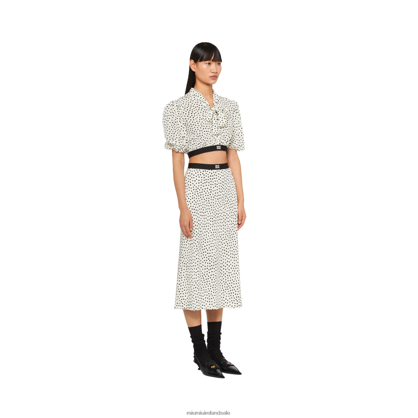IE Miu MiuReady To Wear Heart-print Crepe De Chine Midi Skirt Ivory/Black XJN62J865