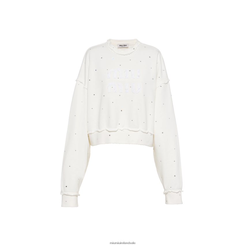 IE Miu MiuReady To Wear Cotton Embroidered Sweatshirt With Crystals White XJN62J693