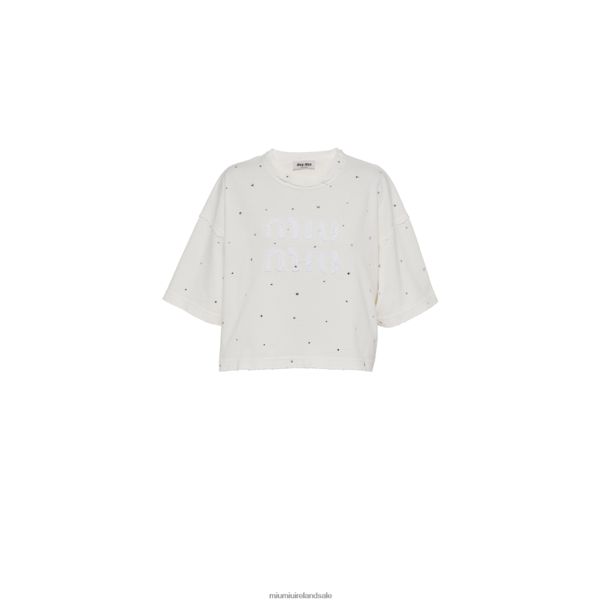 IE Miu MiuReady To Wear Cotton T-shirt With Crystals White XJN62J697