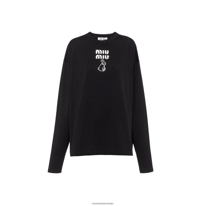 IE Miu MiuReady To Wear Cotton T-shirt With Embroidered Logo Black XJN62J692