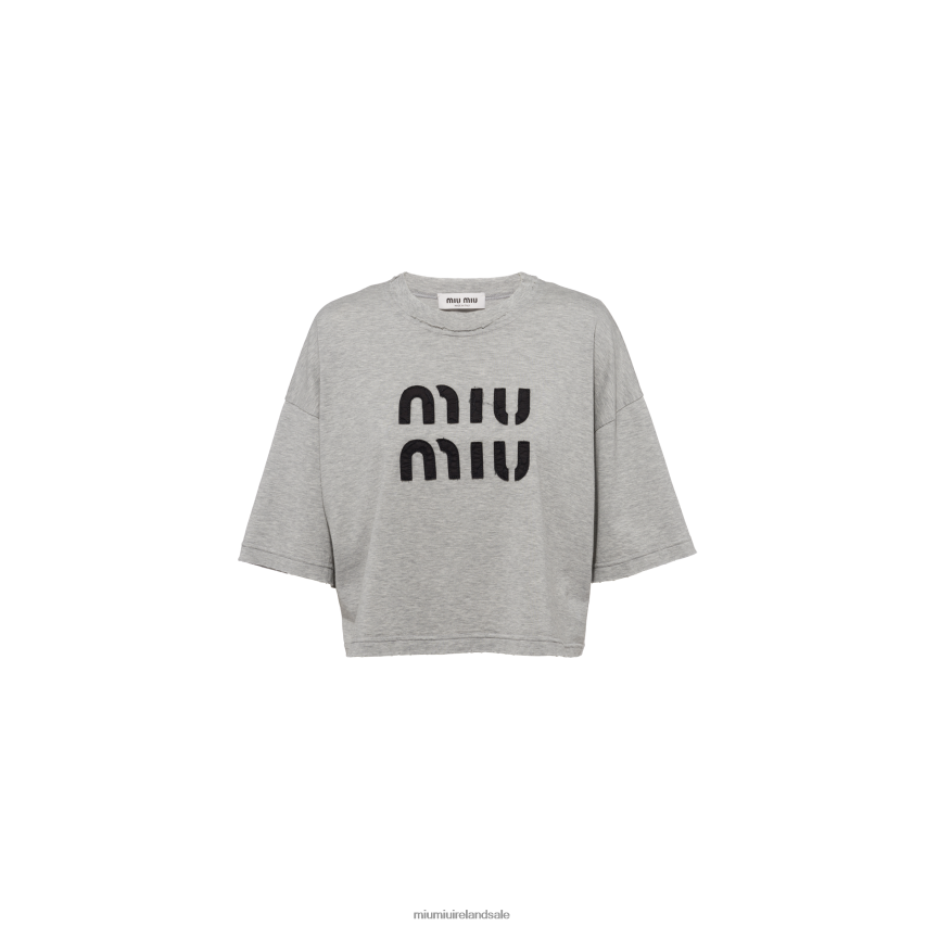 IE Miu MiuReady To Wear Cotton T-shirt With Embroidered Logo Grey XJN62J686