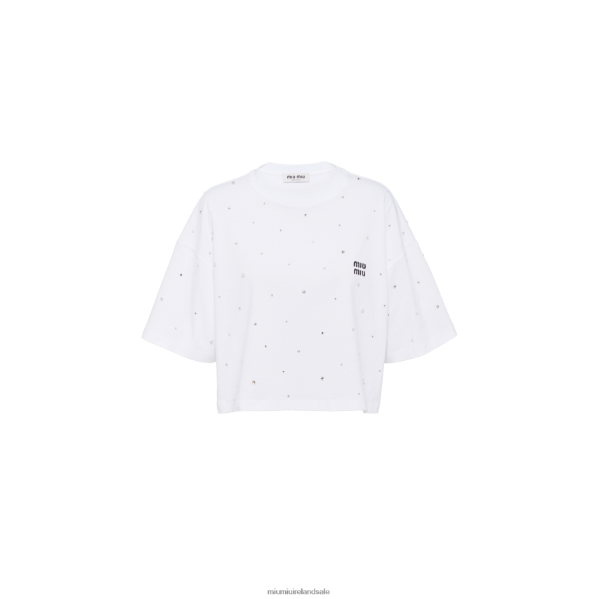 IE Miu MiuReady To Wear Cropped Cotton T-shirt With Embroidered Logo White XJN62J719