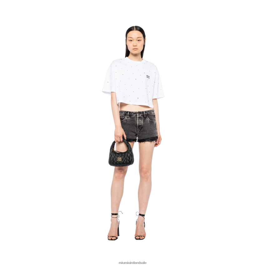 IE Miu MiuReady To Wear Cropped Cotton T-shirt With Embroidered Logo White XJN62J719