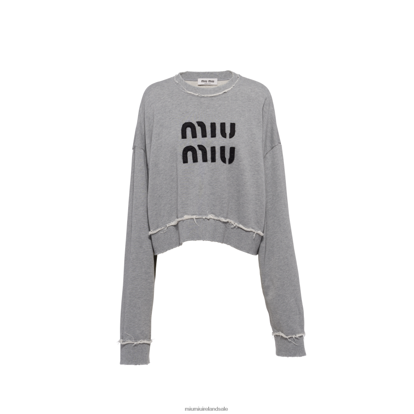 IE Miu MiuReady To Wear Embroidered Cotton Fleece Sweatshirt Grey XJN62J684