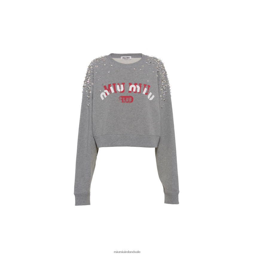 IE Miu MiuReady To Wear Embroidered Cotton Fleece Sweatshirt Grey XJN62J703