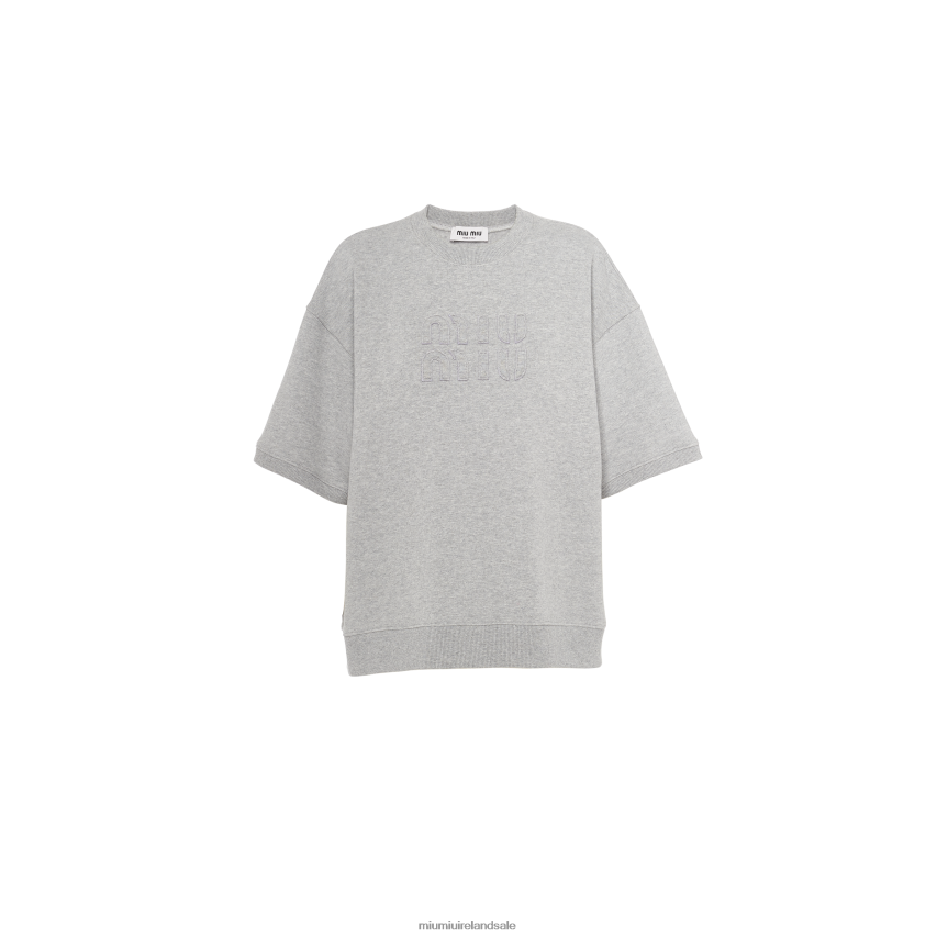 IE Miu MiuReady To Wear Embroidered Cotton Sweatshirt Grey XJN62J698