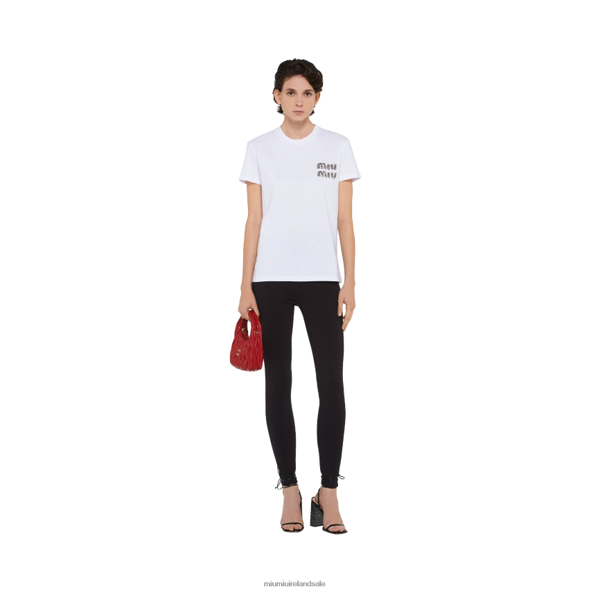 IE Miu MiuReady To Wear Embroidered Cotton T-shirt White/Crystal XJN62J695