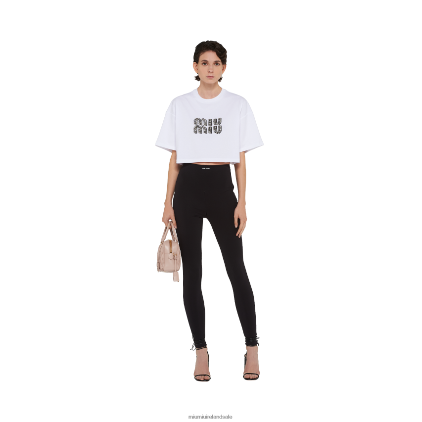 IE Miu MiuReady To Wear Embroidered Cotton T-shirt White/Crystal XJN62J696