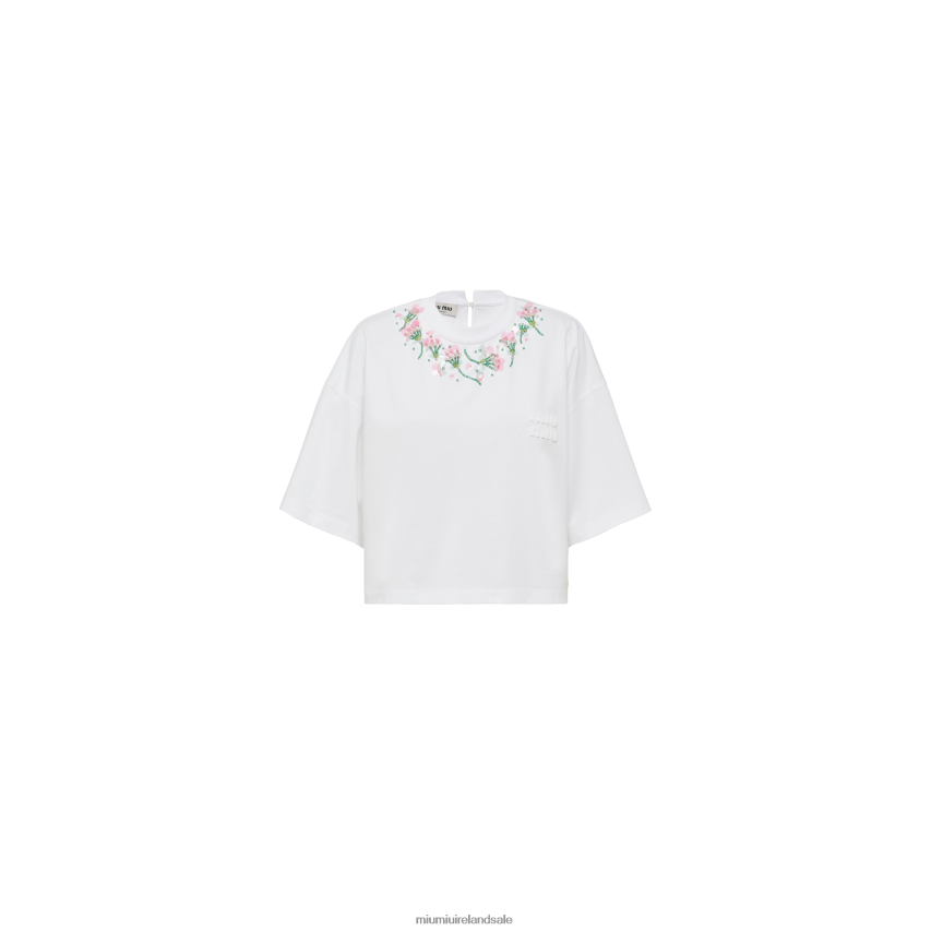 IE Miu MiuReady To Wear Embroidered Cotton T-shirt White XJN62J728