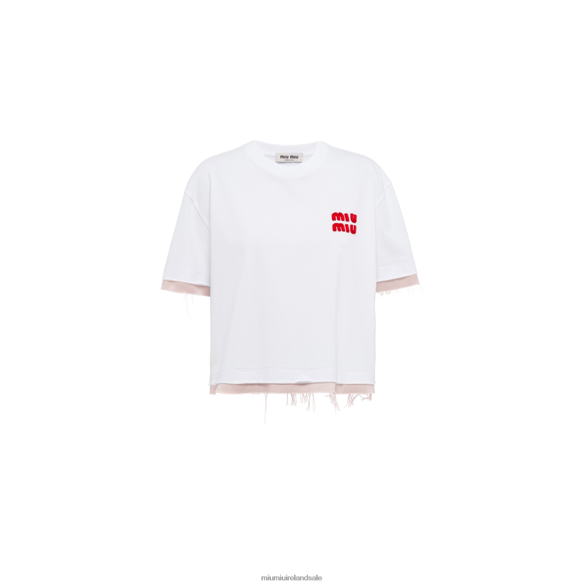 IE Miu MiuReady To Wear Embroidered Cotton T-shirt With Raw-cut Hem White/Opal XJN62J714