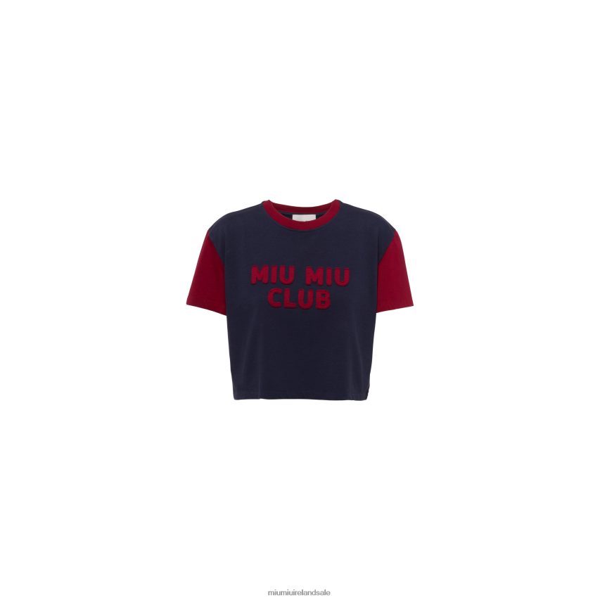 IE Miu MiuReady To Wear Jersey T-shirt With Embroidered Logo Blue/Burgundy XJN62J676