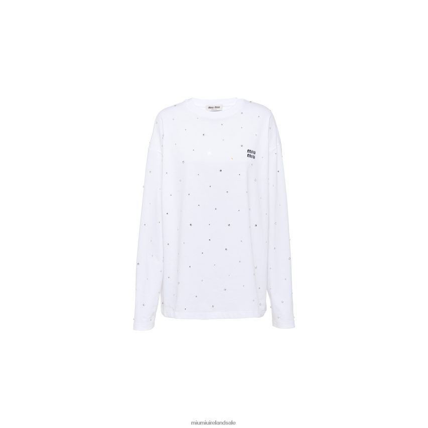 IE Miu MiuReady To Wear Long-sleeved Embroidered Cotton T-shirt White XJN62J721
