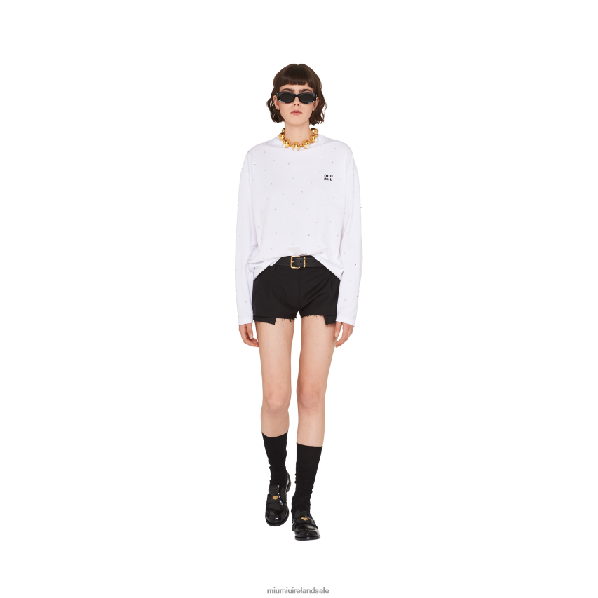 IE Miu MiuReady To Wear Long-sleeved Embroidered Cotton T-shirt White XJN62J721