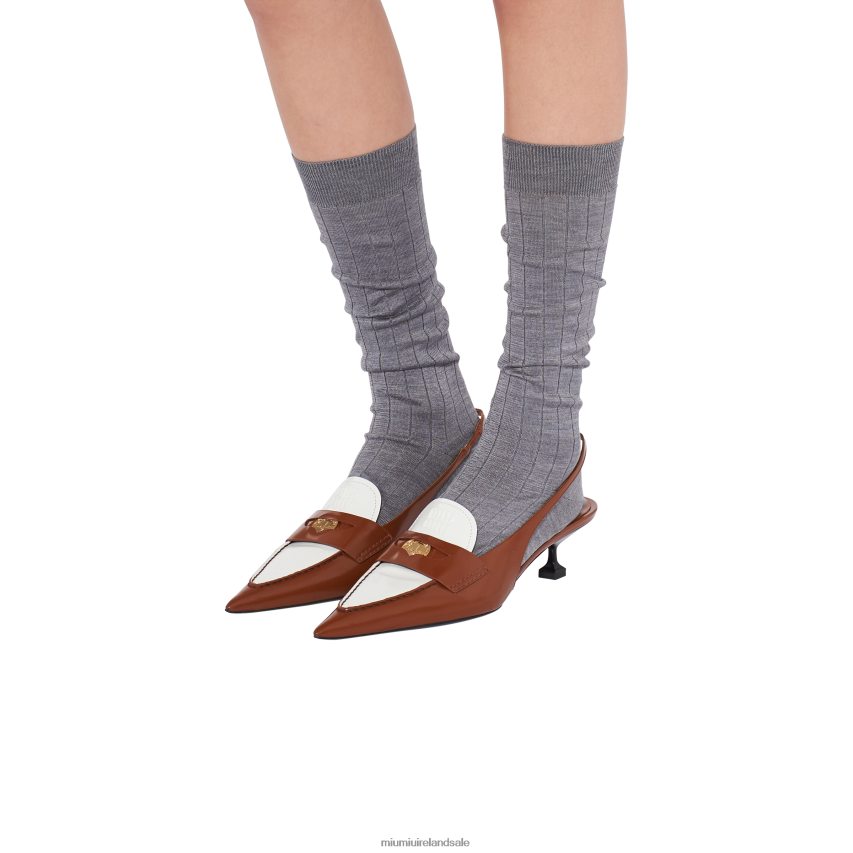 IE Miu MiuShoes Leather Penny Loafers With Heel Tobacco/White XJN62J318