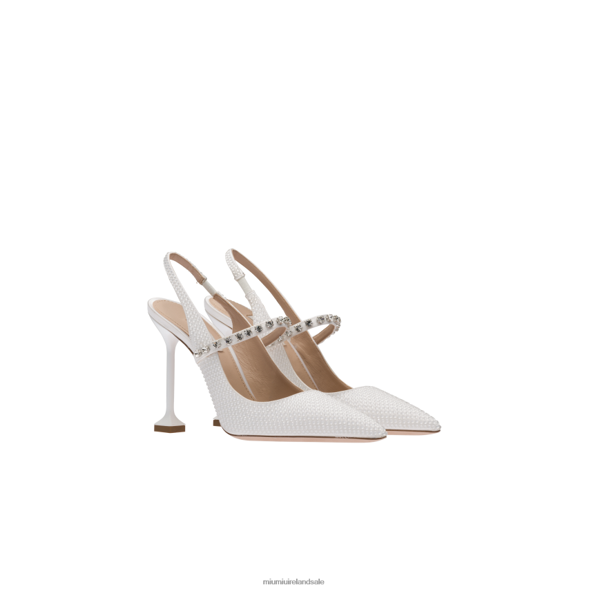 IE Miu MiuShoes Satin Slingback Pumps With Crystals White XJN62J200