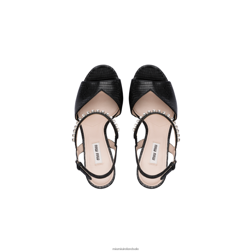 IE Miu MiuShoes Lizard-print Leather Platform Sandals Black XJN62J240