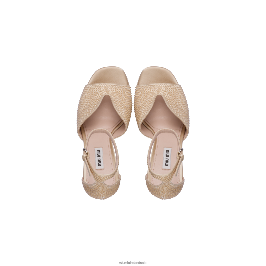 IE Miu MiuShoes Satin Platform Sandals With Crystals Sand Beige XJN62J232