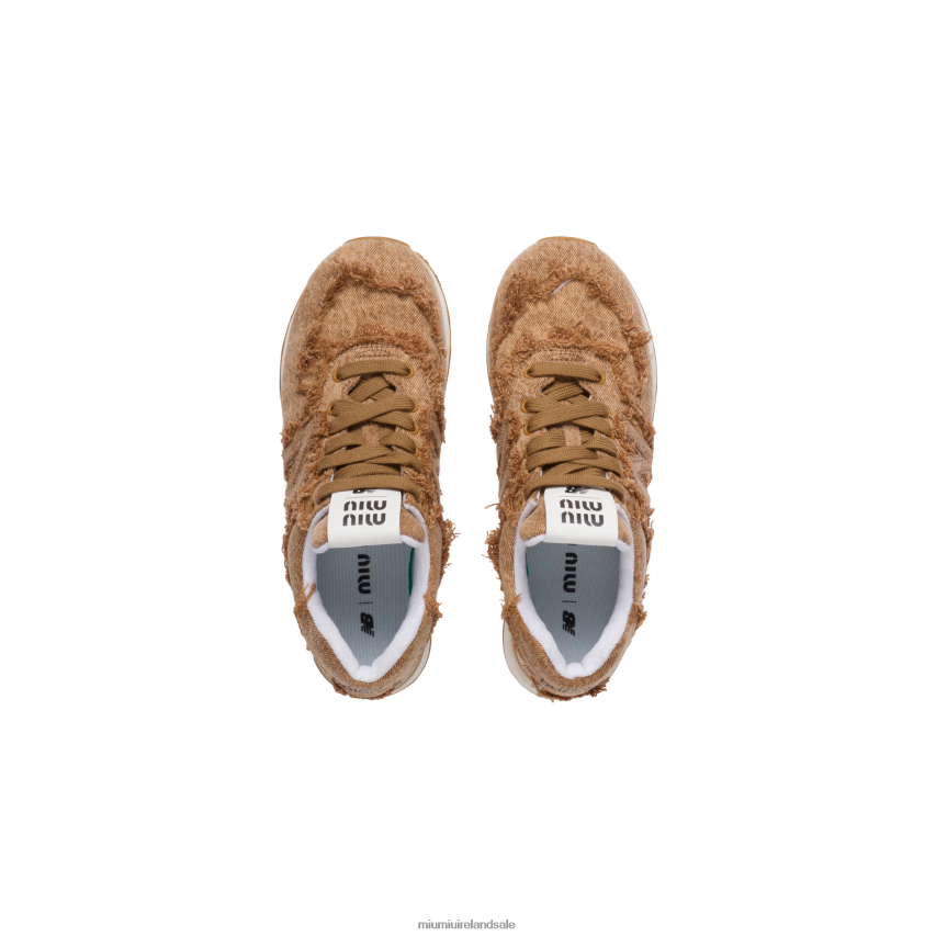 IE New Balance 574 X Miu MiuShoes Marbleized Denim Sneakers Cognac XJN62J288