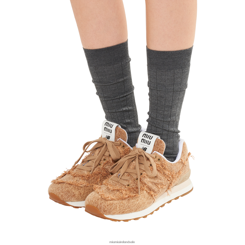 IE New Balance 574 X Miu MiuShoes Marbleized Denim Sneakers Cognac XJN62J288